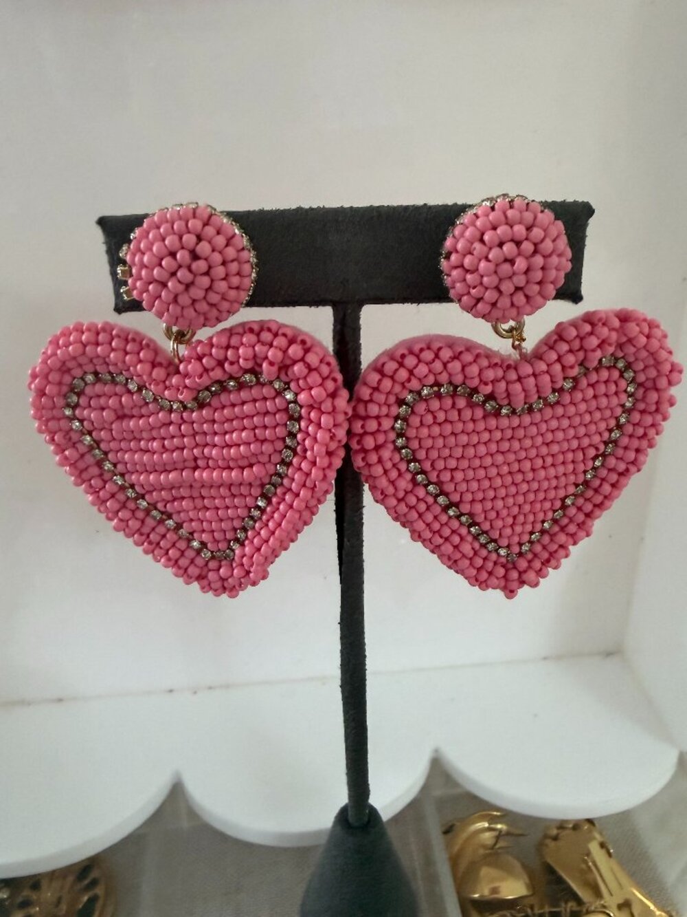 J. Crew Pink Beaded Heart Form Earrings